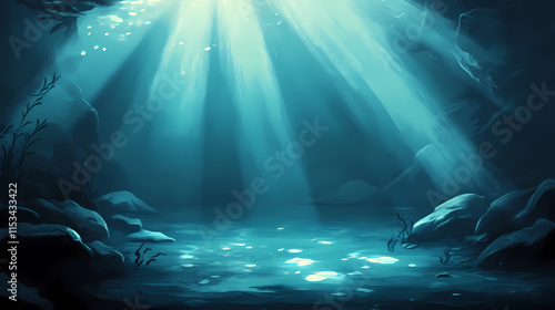 Surreal underwater scene with sunlight filtering through murky water and mysterious shadows, creating an otherworldly ambiance. Seafloor. Illustration