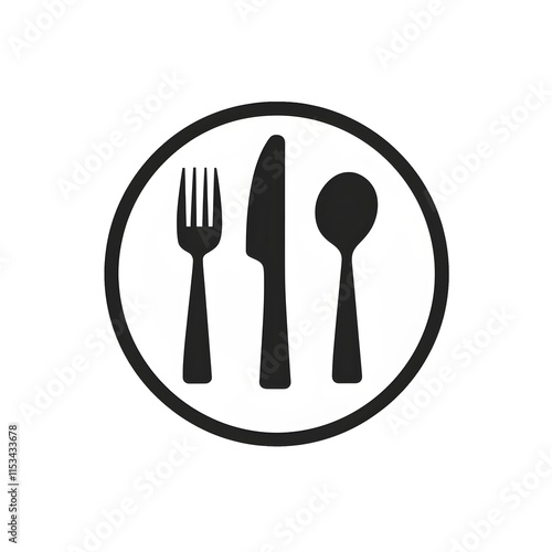 a black and white circle with a fork spoon and knife