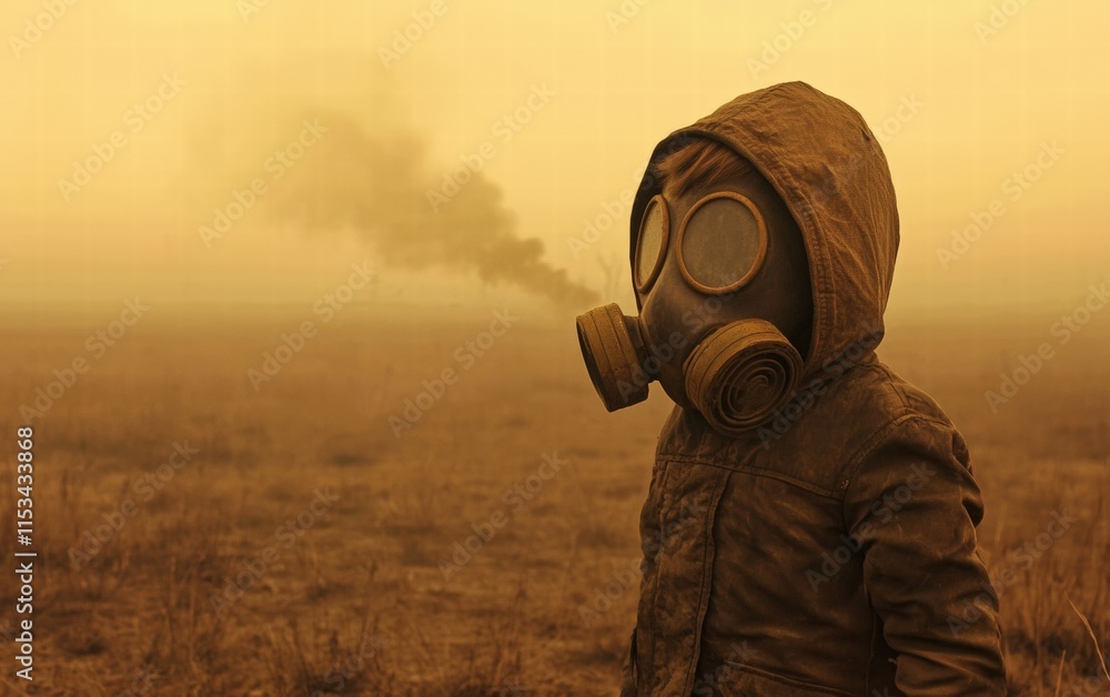 A child wearing a gas mask, standing in a barren, lifeless field under a hazy, yellow sky A child wearing a gas mask, standing in a barren, lifeless field under a hazy, yellow sky