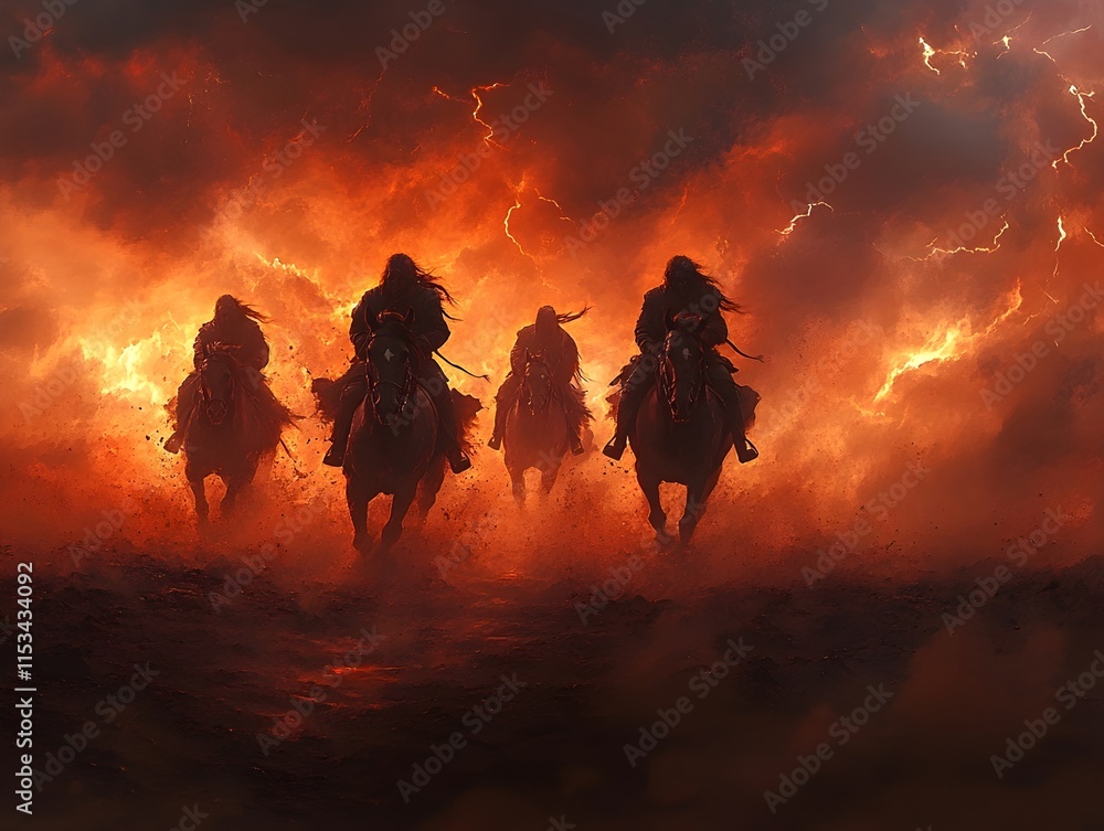 Fototapeta premium a dramatic scene of the horsemen galloping across a barren desert under a stormy sky, with lightning illuminating their dark figures. 