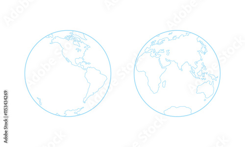 Vector illustration of Western and Eastern Hemispheres of planet Earth, silhouettes of continents, contour line. Eurasia, America, Africa, Australia, Antarctica