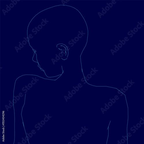 Blue background with a black silhouette of a person's head and neck. The image has a minimalist feel to it, with the focus on the silhouette of the head and neck