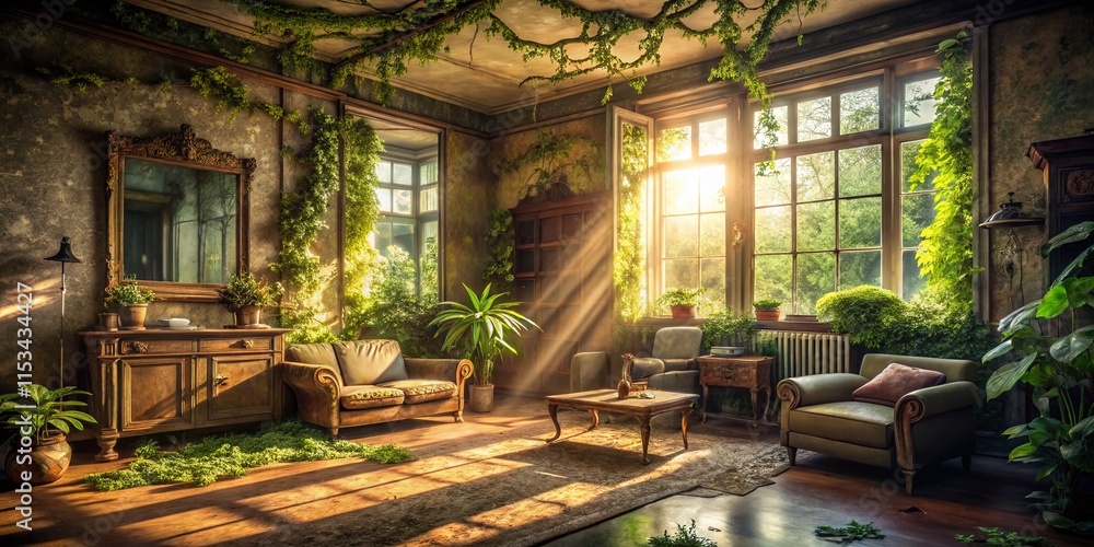 Fototapeta premium Vintage Living Room Urban Exploration Photography: Dusty Retro Interior