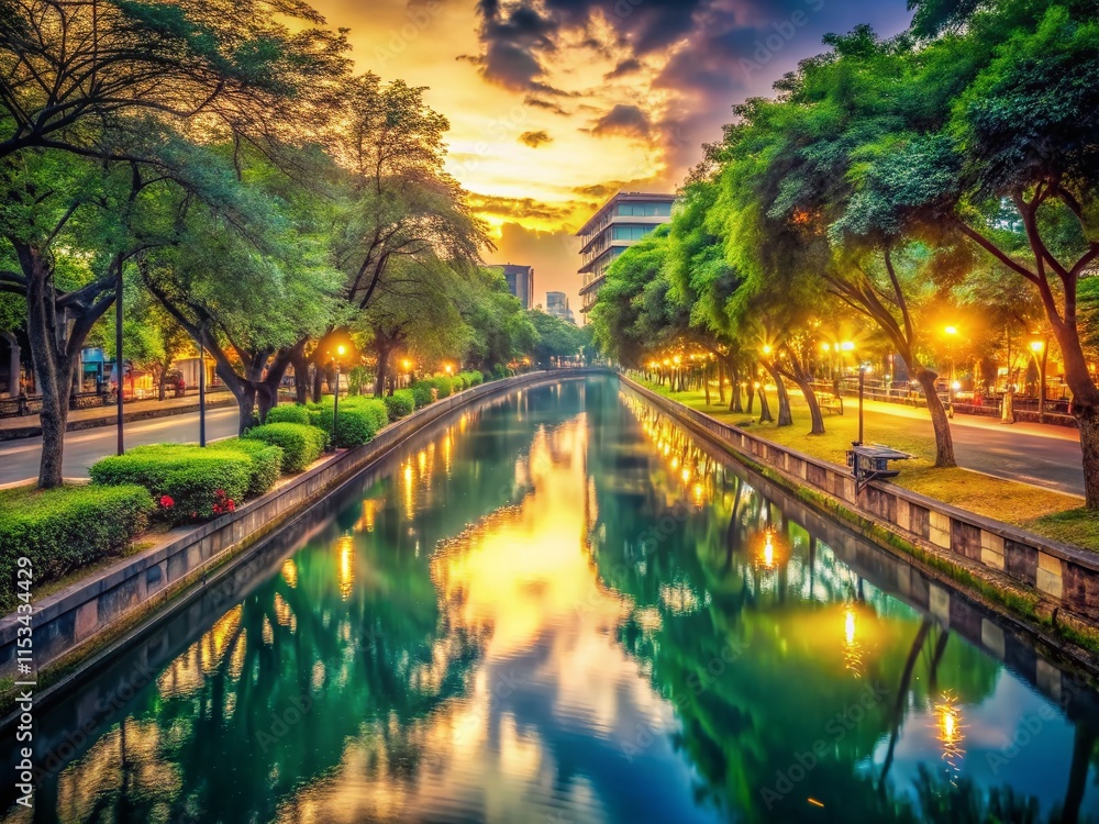 Fototapeta premium Vintage Lumphini Park Canal: Serene Sunset Reflections in Bangkok