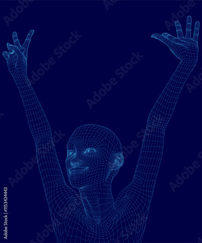 Blue image of a person with their arms raised in the air. The image has a futuristic and abstract feel to it, with the person's body appearing to be made up of lines and shapes