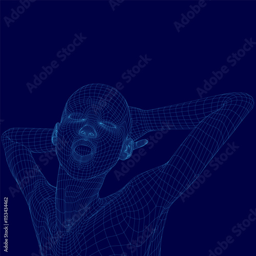 Woman with her hands on her head, looking sad. The image is in blue and has a futuristic feel to it