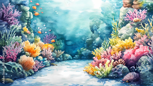 Fototapeta Naklejka Na Ścianę i Meble -  Underwater coral reef watercolor painting. Seafloor. Illustration