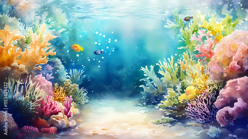 Fototapeta Naklejka Na Ścianę i Meble -  Underwater coral reef watercolor painting. Seafloor. Illustration