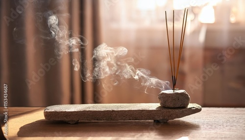 Natural incense sticks on a stone stand smolder in the cozy interior of the room. Fragrant smoke  photo