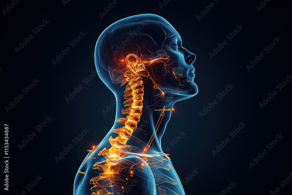 An illuminated, anatomical illustration of a human profile highlighting the spine and nervous system. An illuminated, anatomical illustration of a human profile highlighting the spine and nervous system.