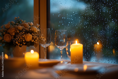 Candlelit dinner set by a window on a rainy evening, with flickering candles casting a warm golden glow photo