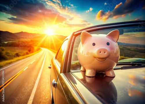 Double Exposure: Piggy Bank on Car Backseat - Savings Journey Concept