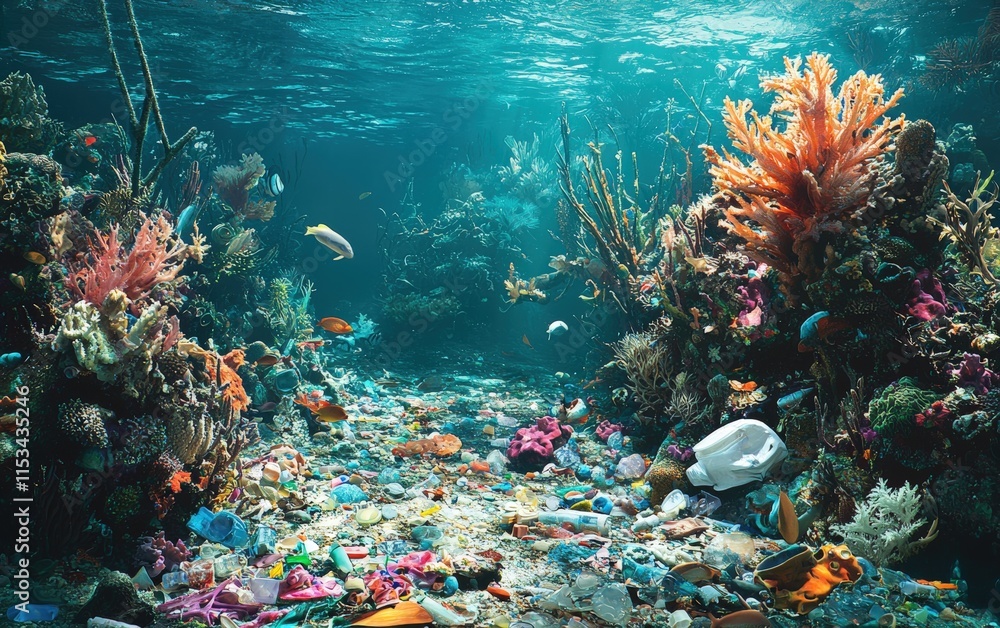 Obraz premium A coral reef bleached and dying, surrounded by plastic waste and a lifeless seabed