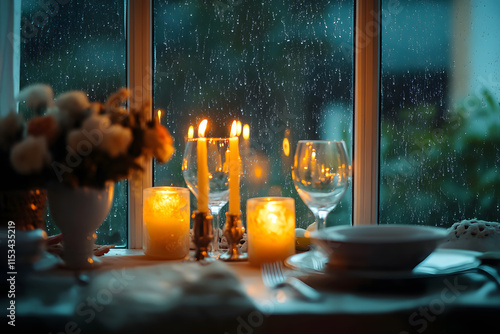 A romantic candlelit dinner by a window on a rainy evening, with warm golden light from flickering candles photo