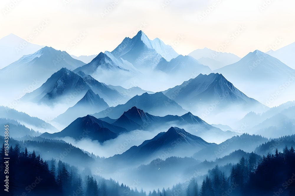 a minimalist vector of overlapping winter mountains with smooth gradient transitions from deep blue to icy white. soft snowflakes float in the sky. a minimalist vector of overlapping winter mountains with smooth gradient transitions from deep blue to icy white. soft snowflakes float in the sky.