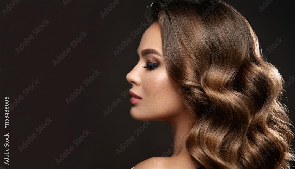 Fototapeta premium Beautiful woman in profile with long and shiny wavy hair . Beauty model girl with curly hairstyle