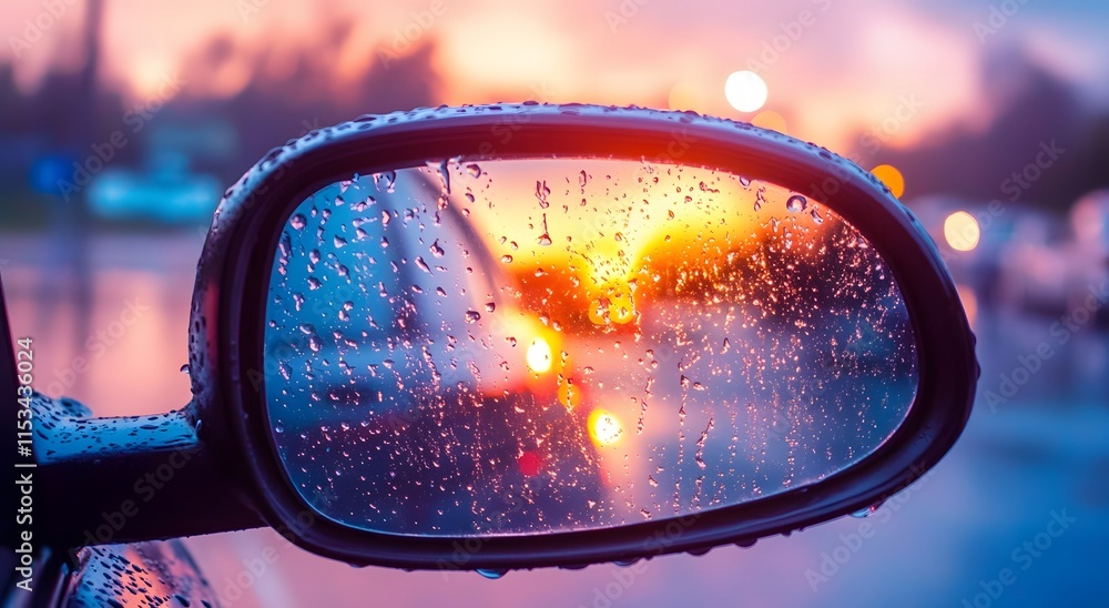 Raindrops fall on the rearview mirror of a car on a quiet road, predicting bad weather, and the view behind the car is visible through the mirror. The mirror is illuminated by the setting sun.