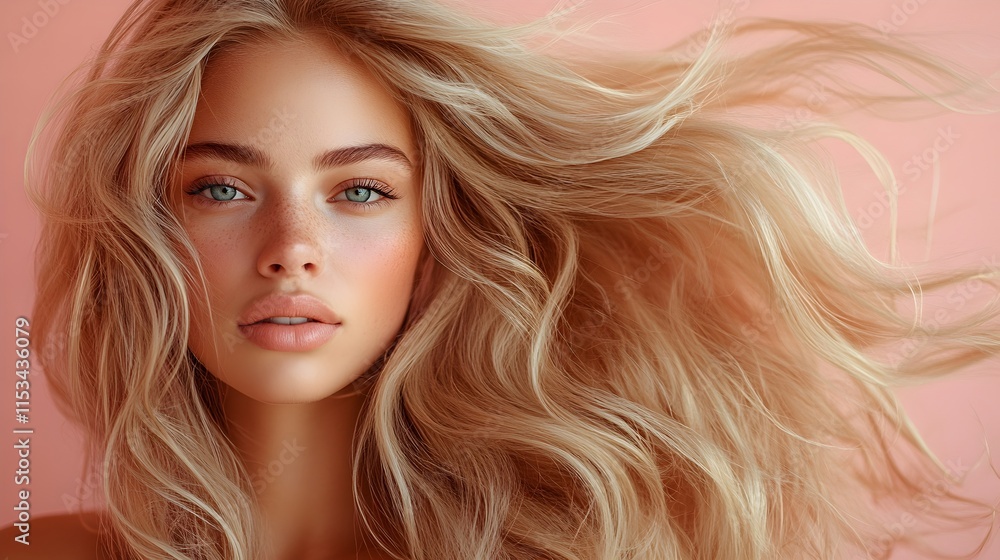 a stunning portrait of a blonde black woman, her long wavy hair flowing dramatically in the wind, against a soft pastel background. a stunning portrait of a blonde black woman, her long wavy hair flowing dramatically in the wind, against a soft pastel background.