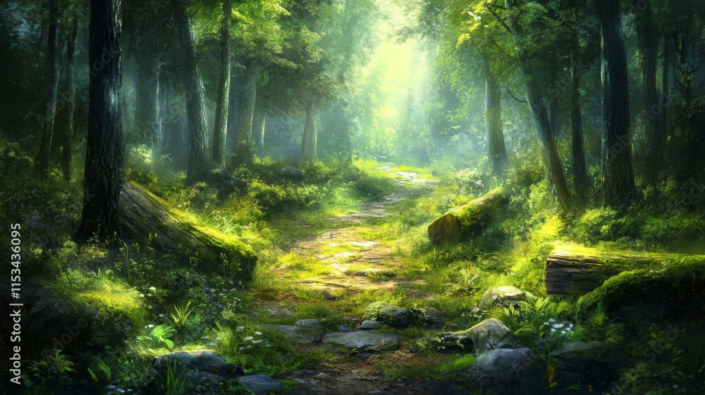 Sunlit Path Through Lush Green Forest Scene Sunlit Path Through Lush Green Forest Scene