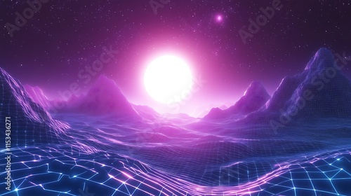 Vibrant Retro-Futuristic 3D Render: Neon Grid Landscape at Sunset. AI Generated