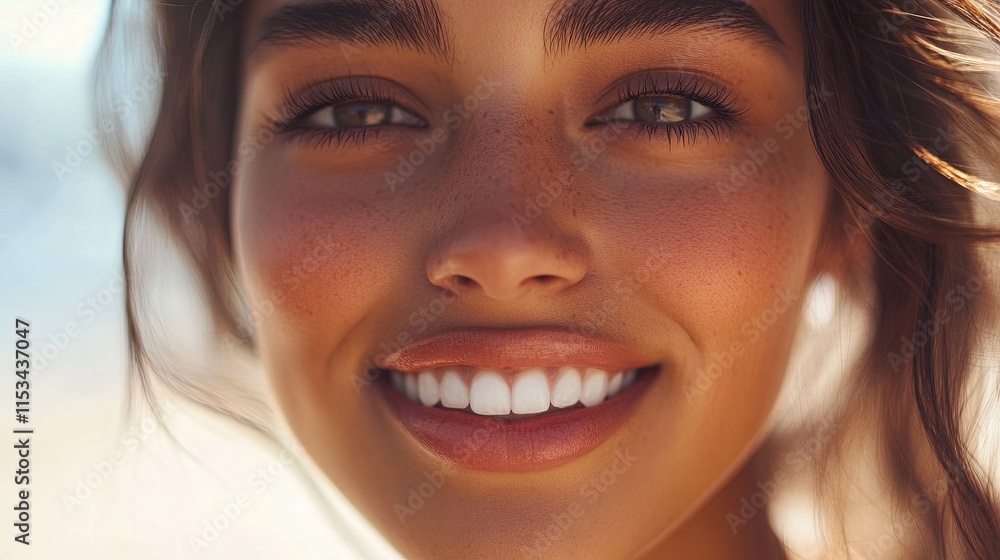 A close-up of a woman with a radiant smile, her perfectly picture
