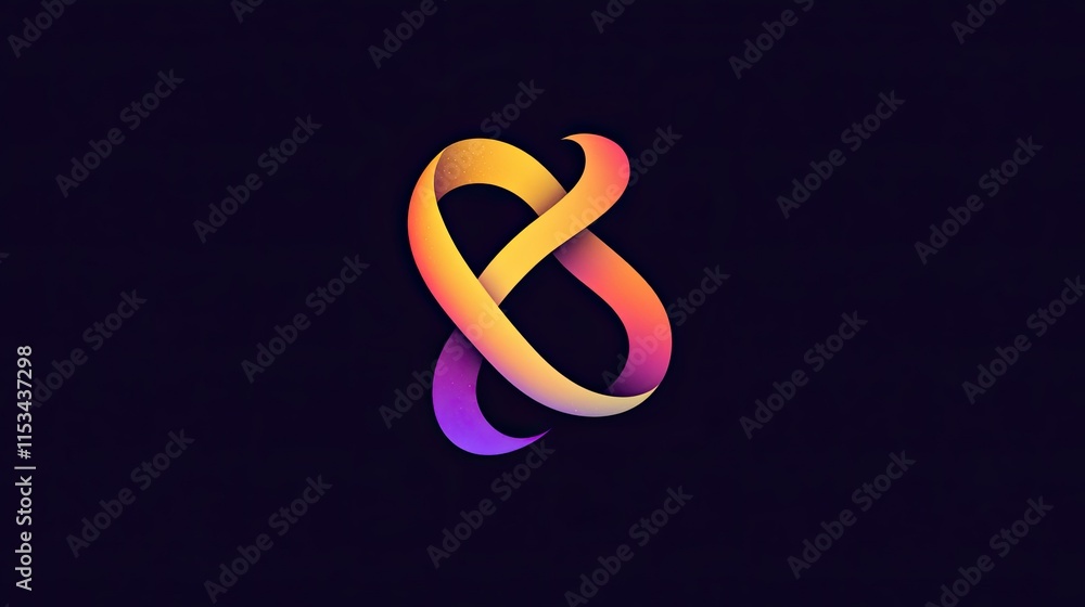 Fototapeta premium Abstract gradient logo design in vibrant orange and purple hues, resembling a stylized infinity symbol on a dark background.