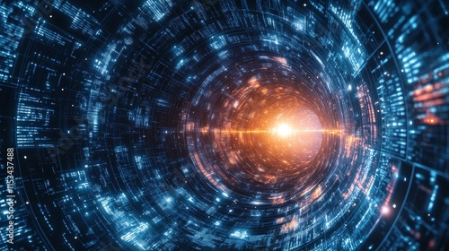 Wallpaper Mural A dynamic visual of a futuristic tunnel glowing with blue and orange digital elements. A bright light bursts from the center, creating a high-tech, sci-fi ambiance that evokes advanced technology and Torontodigital.ca