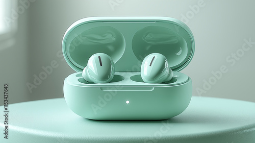 Mint Green Wireless Earbuds with Charging Case Modern Technology Concept