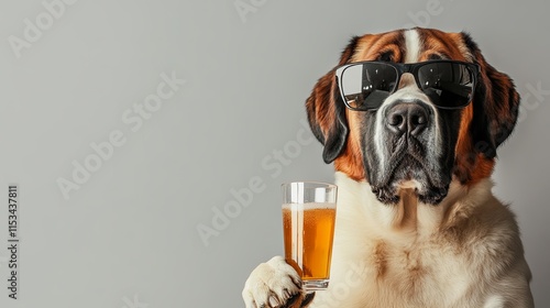 A dignified Saint Bernard in oversized sunglasses poses picture