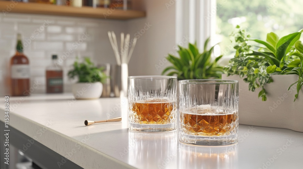 Two Glasses of Whiskey on Kitchen Countertop Two Glasses of Whiskey on Kitchen Countertop