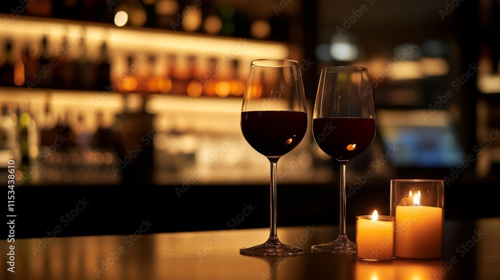 Two Glasses Of Red Wine With Candles In A Bar Setting Two Glasses Of Red Wine With Candles In A Bar Setting