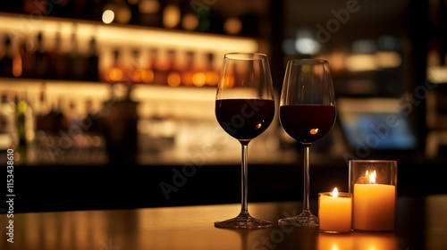 Two Glasses Of Red Wine With Candles In A Bar Setting