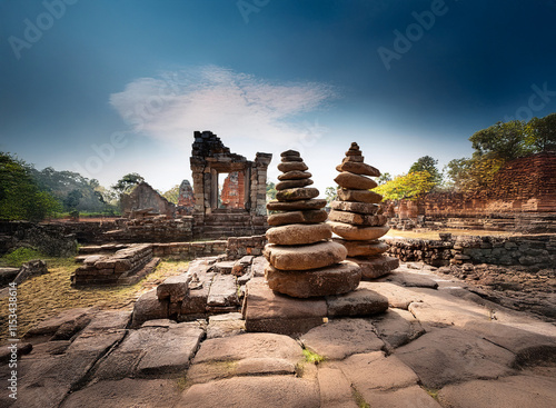 Sun-drenched ancient stone ruins, possibly a temple, with carefully balanced rock cairns in the foreground.  The scene evokes a sense of history and serenity. photo