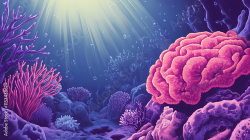 Fototapeta Naklejka Na Ścianę i Meble -  Seabed view of a coral reef with large brain corals and soft corals swaying gently in the current, ocean floor, brain coral, soft coral, coral reefs, seafloor. Seafloor. Illustration