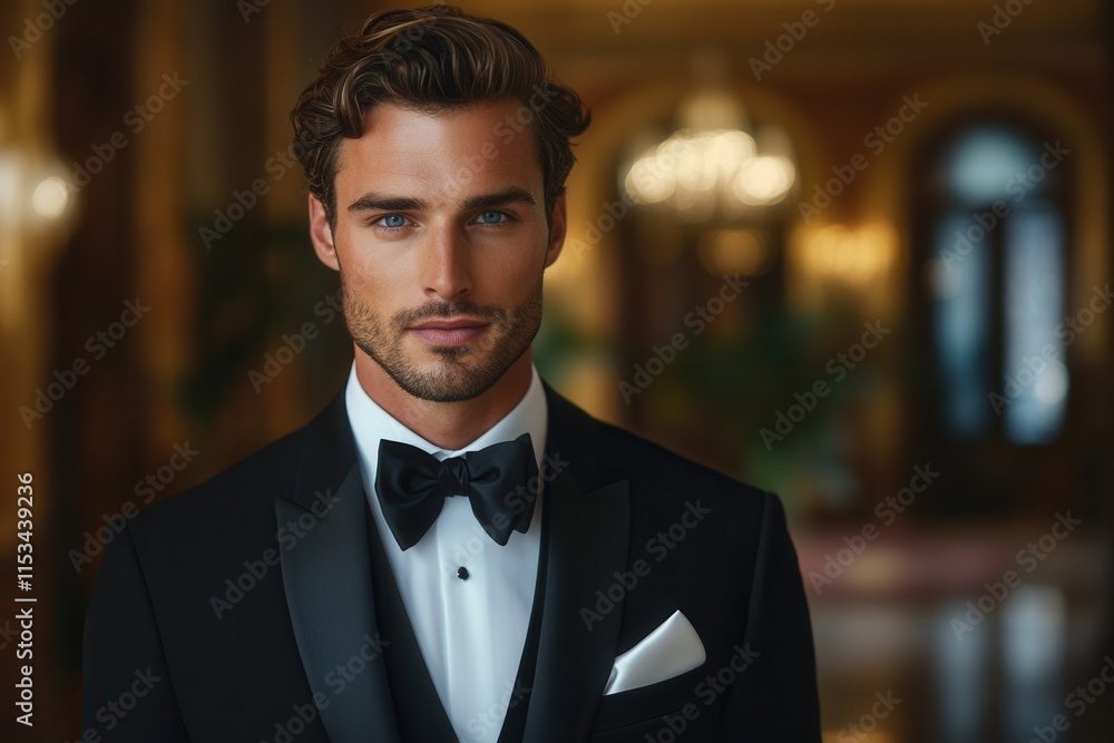 Elegant groom wearing tuxedo and bow tie posing in luxury hotel lobby Elegant groom wearing tuxedo and bow tie posing in luxury hotel lobby