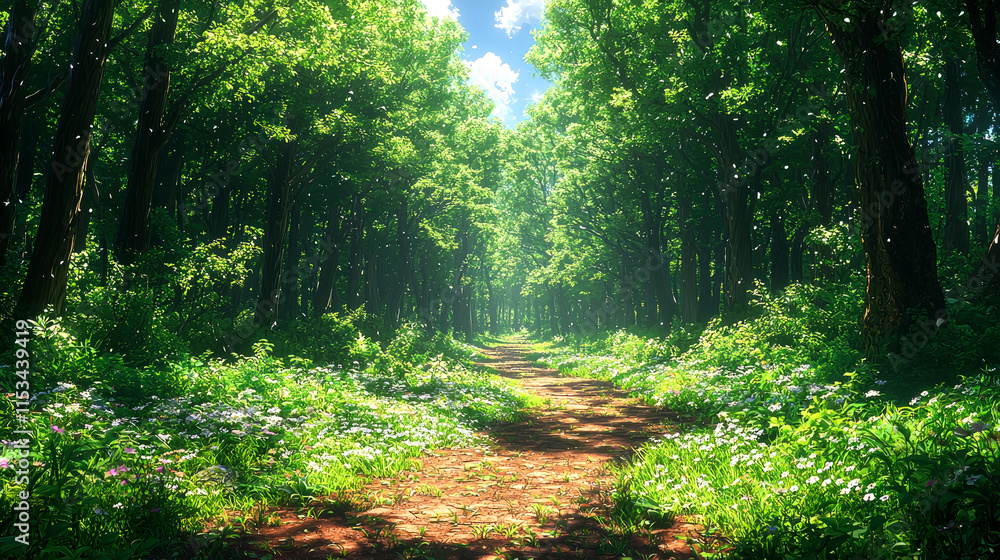 Obraz premium Sunlit path through lush green forest.