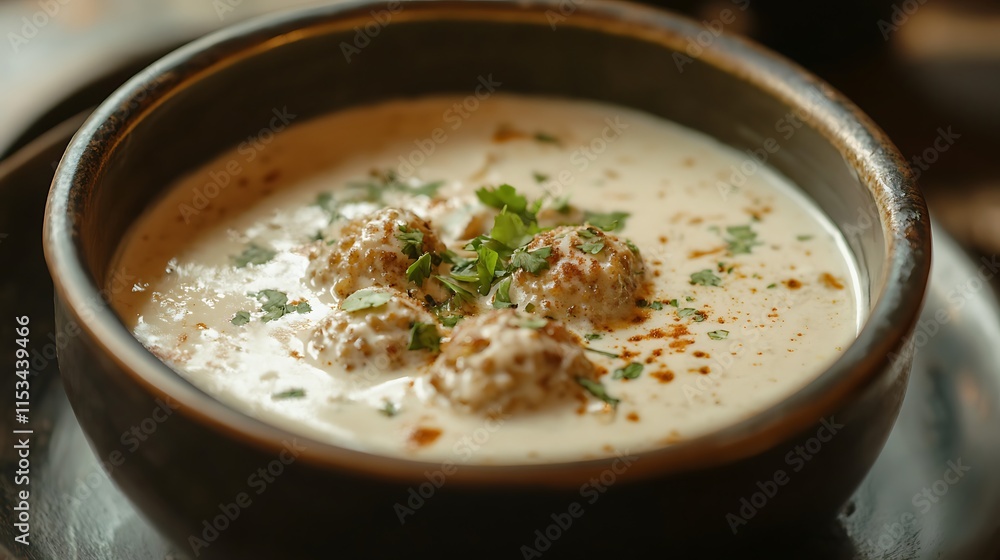 Creamy soup with meatballs, herbs, and spices in a rustic bowl. Creamy soup with meatballs, herbs, and spices in a rustic bowl.