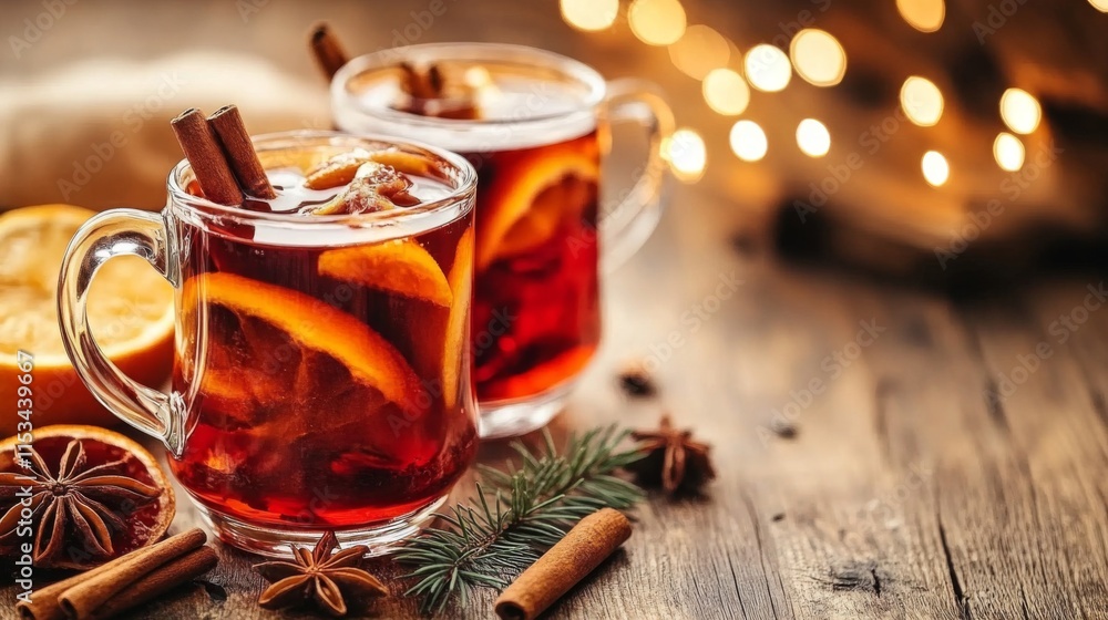 Aromatic Spiced Mulled Wine in Glass Mugs Aromatic Spiced Mulled Wine in Glass Mugs