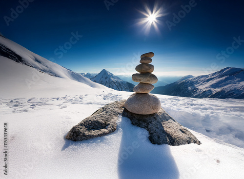 A serene winter mountain landscape.  A cairn of smooth stones rests on a snow-covered rock,  bathed in bright sunlight against a clear blue sky.  The scene evokes peace and tranquility.