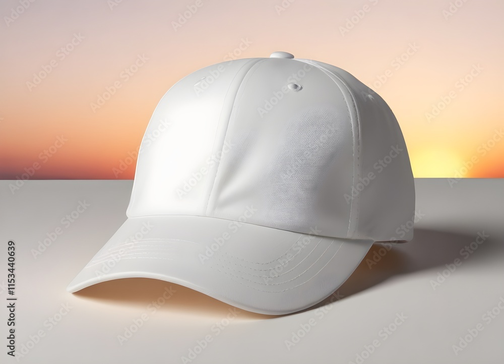 Fototapeta premium plain blank A white baseball cap against a sunset background