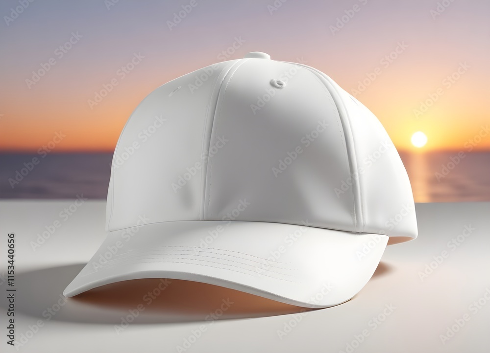 plain blank A white baseball cap against a sunset background plain blank A white baseball cap against a sunset background