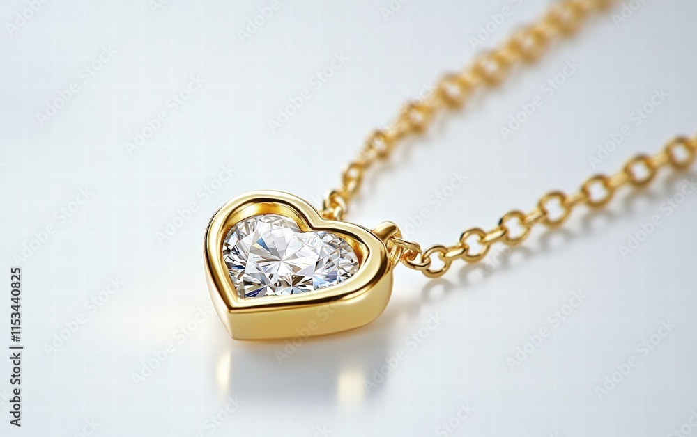 A gold necklace with a heart-shaped diamond pendant, isolated on a bright white background A gold necklace with a heart-shaped diamond pendant, isolated on a bright white background
