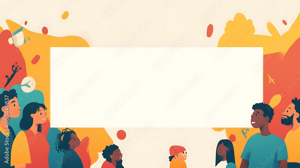 Fototapeta premium Vibrant Diverse Group Admiring Blank Banner Illustration: Colorful Abstract Style. AI Generated