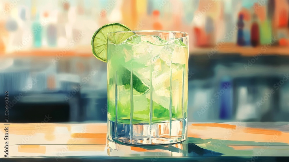 A refreshing lime cocktail sits on a bar top A refreshing lime cocktail sits on a bar top
