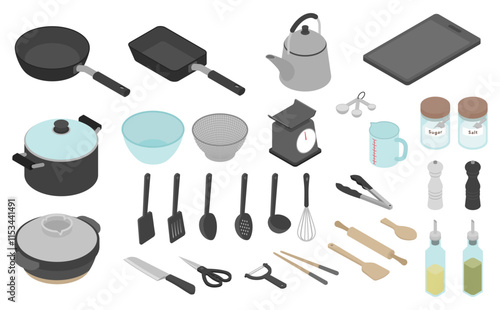 アイソメトリックイラスト：調理器具セット
