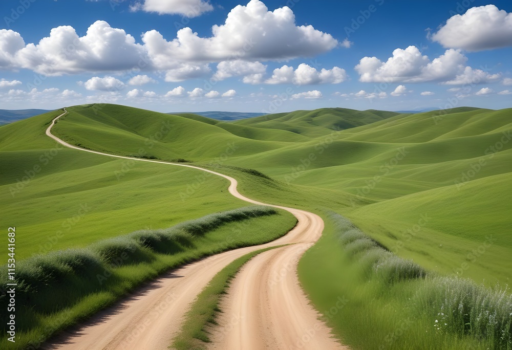 A winding dirt road through rolling green hills under a blue sky with fluffy white clouds A winding dirt road through rolling green hills under a blue sky with fluffy white clouds