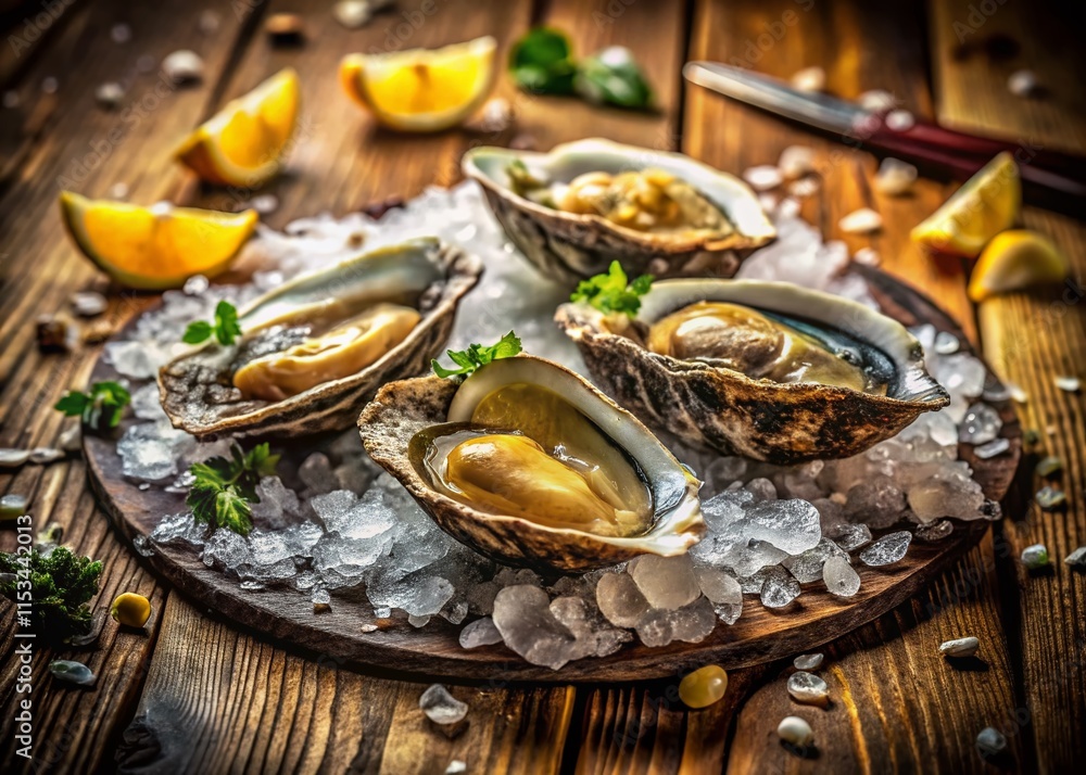 Fototapeta premium Vintage Still Life: Fresh Oysters on Ice, Rustic Seafood