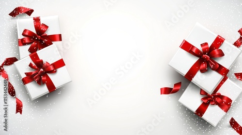 White gifts with red ribbons on white background.