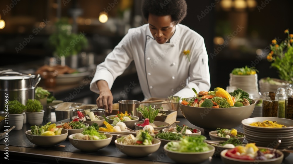 Chef Preparing Gourmet Vegetable Dishes in a Modern Restaurant Kitchen Chef Preparing Gourmet Vegetable Dishes in a Modern Restaurant Kitchen