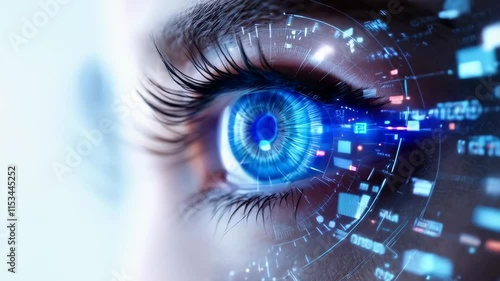 Futuristic blue eye with digital technology overlay. Biometric scan concept. Cybersecurity and artificial intelligence visualization. High-tech vision for banner 